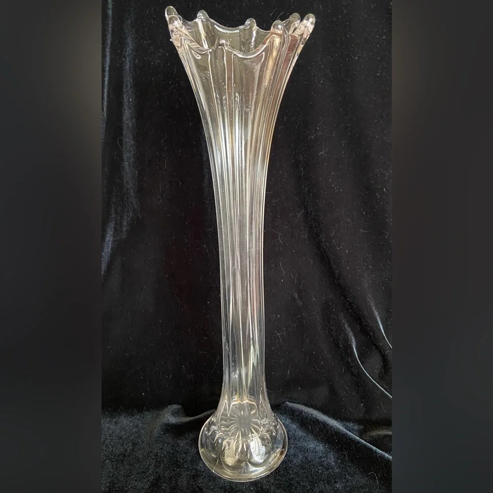 Vintage Clear Swung Tall Glass Vase 8 Finger 17” High